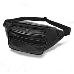 Black Leather Fanny Pack for Men & Women,Multi-Pockets Waist Belt Bag for Travel Sports Hiking Cycling   Running