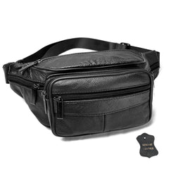Real Leather Fanny Pack for Men & Women Large Cowhide 6 Zipper Pockets Belt Bag Multifunctional Waist Bag with Multiple Pockets, Ideal for Hiking, Running, Cycling & Travel