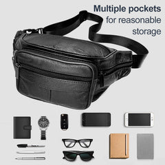 Real Leather Fanny Pack for Men & Women Large Cowhide 6 Zipper Pockets Belt Bag Multifunctional Waist Bag with Multiple Pockets, Ideal for Hiking, Running, Cycling & Travel