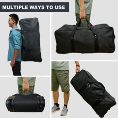 TELOSPORTS X-Large Foldable Duffle Bag with Wheels 600D Oxford Collapsible Large Heavy Duty Cargo Duffel Storage Duffel with Rollers for Camping Travel Gear, Black.