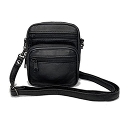 Small Leather Belt Pouch Fanny Purse With Belt Loop Mini Crossbody Shoulder Purse with Detachable Strap Leather Purse With Belt Clip Multi Zip Pockets for Cards,Coin, Key Black