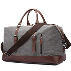 TELOSPORTS Oversized 16oz Canvas Weekender Traveling Duffel Shoulder Weekend Bag Overnight Carry-on Tote Bag with Genuine Leather Trim Handle and Bottom (Gray)