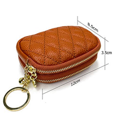 Genuine Leather Zip Mini Coin Purse w/Key Ring, Small 2 Zippered Change Pouch Wallet Women's Card Holder TASSINI (Brown)