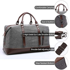 TELOSPORTS Oversized 16oz Canvas Weekender Traveling Duffel Shoulder Weekend Bag Overnight Carry-on Tote Bag with Genuine Leather Trim Handle and Bottom (Gray)