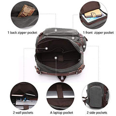 TELOSPORTS Vintage Backpack for Men Black Canvas Laptop School Backpack College Bookbag Multipurpose Travel Vegan Rucksack Daypack Computer Bag Fits