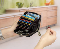 Credit Card Holder Real Leather Wallet, Zipper ID Window Card Cases Holder for Men Women Ladies, RFID Blocking, Keychain