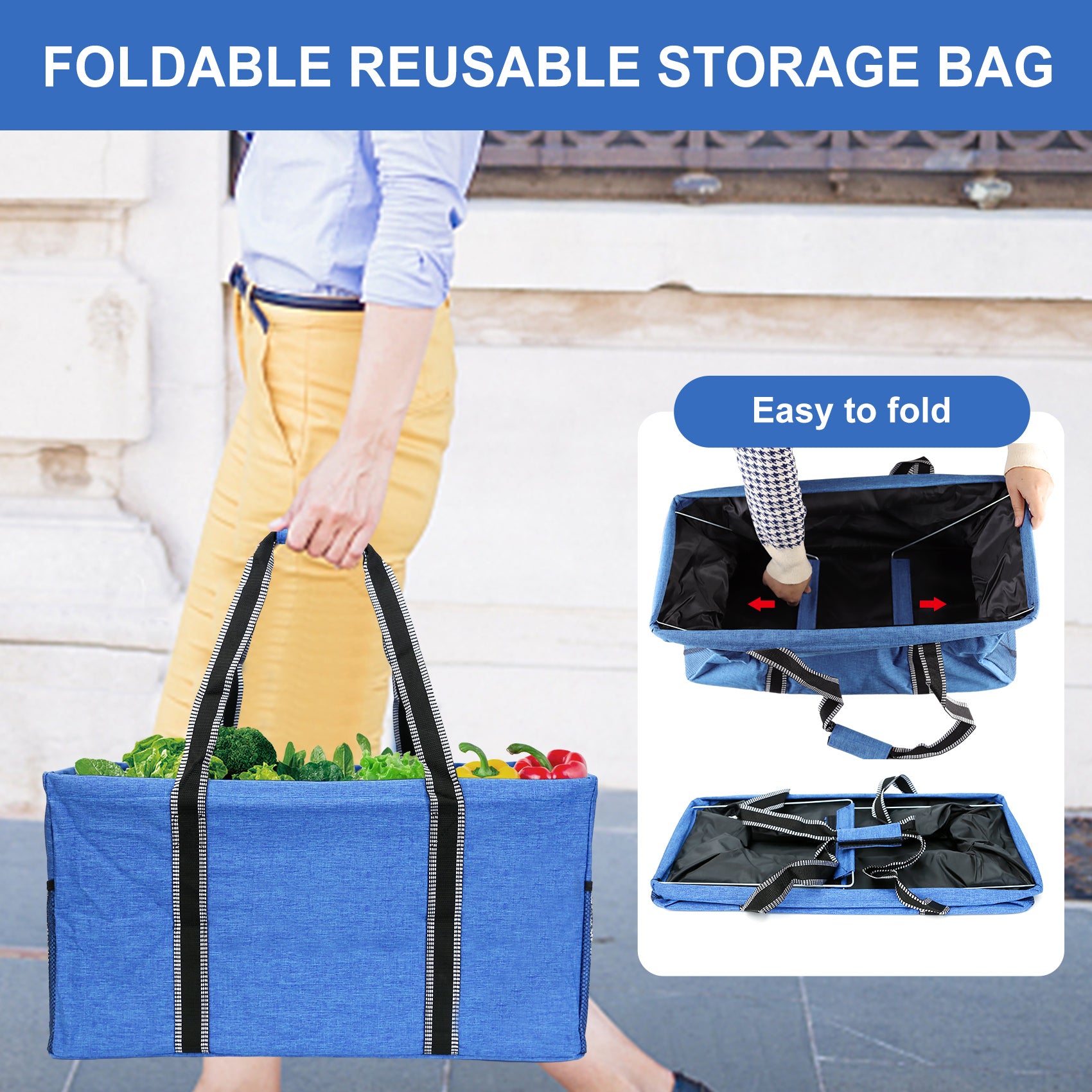 50L Utility Tote Bag with Metal Wire Frame, Reusable and Foldable Grocery Shopping Bag, Ideal for Shopping and Storage