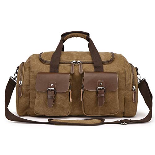 TELOSPORTS Canvas Duffel Bag, Vintage Canvas Weekender Bag Travel Bag Sports Duffel with Shoulder Strap (Coffee)