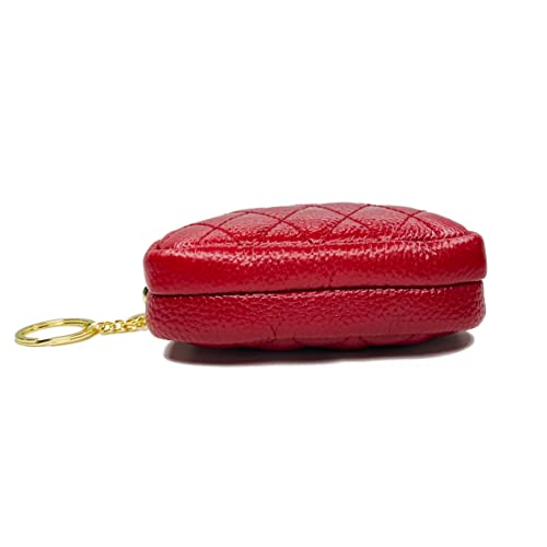 Genuine Leather Zip Mini Coin Purse w/Key Ring, Small 2 Zippered Change Pouch Wallet Women's Card Holder TASSINI (Red)