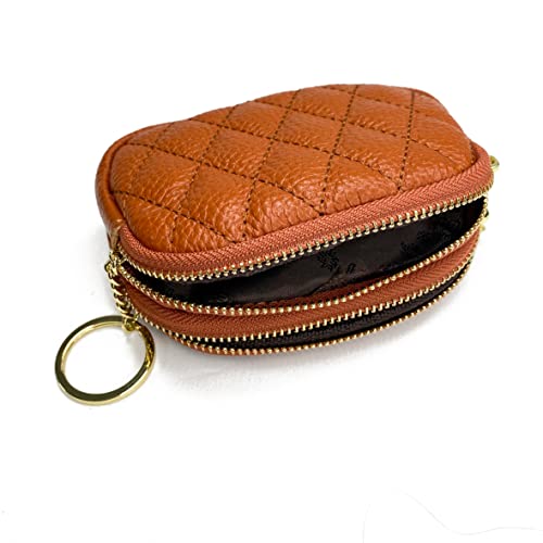 Genuine Leather Zip Mini Coin Purse w/Key Ring, Small 2 Zippered Change Pouch Wallet Women's Card Holder TASSINI (Brown)