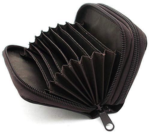 TASSINI TRENDS Double Zipper Card Holder, Leather Credit Card Holder, RFID Blocking Credit Card Holder, Coin Purse Brown