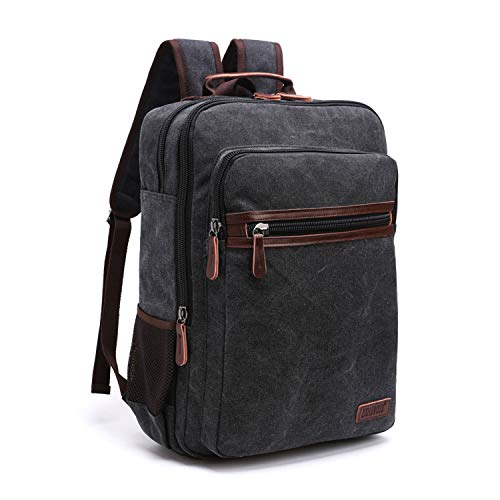 TELOSPORTS Canvas Laptop Backpack Fits 15.6 Inch Laptop Lightweight Computer Bag Rucksack Casual Daypack Black