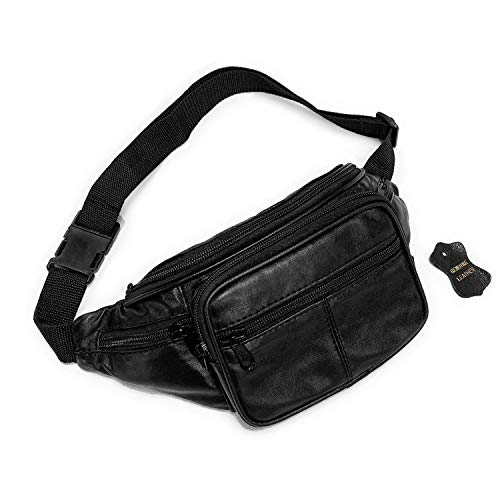 TASSINI TRENDS Travel Fanny Bag Leather Waist Pack for Hiking,Travel Sport,Running,Cycling with Adjustable Belt Black