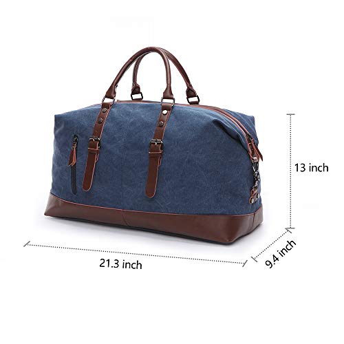 TELOSPORTS Oversized Canvas Weekender Bag Travel Tote Duffel Shoulder Weekend Bag Overnight Carry on Handbag Genuine Leather Handle and Bottom (Blue)