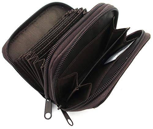 TASSINI TRENDS Double Zipper Card Holder, Leather Credit Card Holder, RFID Blocking Credit Card Holder, Coin Purse Brown