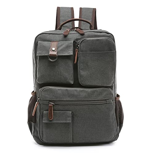 TELOSPORTS Canvas Laptop Backpacks Vintage Business Travel Rucksack Fits Bookbags for Men Women Gray