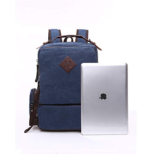 TELOSPORTS Large Vintage Canvas Backpack Knapsack Rucksack Hiking Mountaineering School Laptop bag Daypacks Retro for Men Blue Travel Rucksack