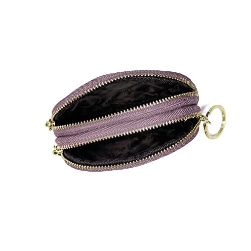 Genuine Leather Zip Mini Coin Purse w/Key Ring, Small 2 Zippered Change Pouch Wallet Women's Card Holder TASSINI (Purple)