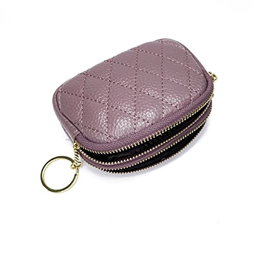 Genuine Leather Zip Mini Coin Purse w/Key Ring, Small 2 Zippered Change Pouch Wallet Women's Card Holder TASSINI (Purple)