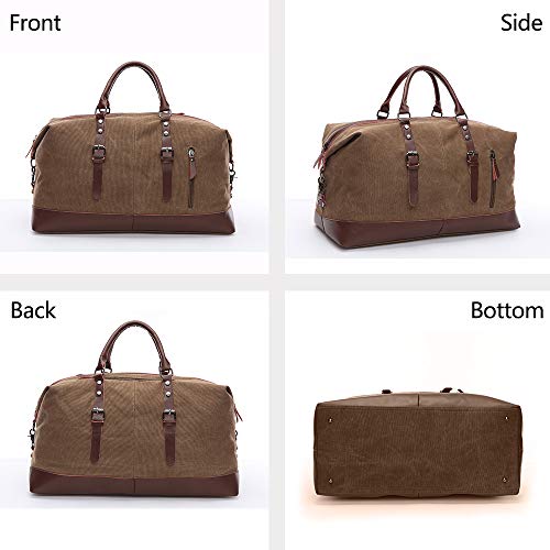 TELOSPORTS Oversized Canvas Weekender Bag Travel Tote Duffel Shoulder Weekend Bag Overnight Carry on Handbag Genuine Leather Handle and Bottom(Coffee)