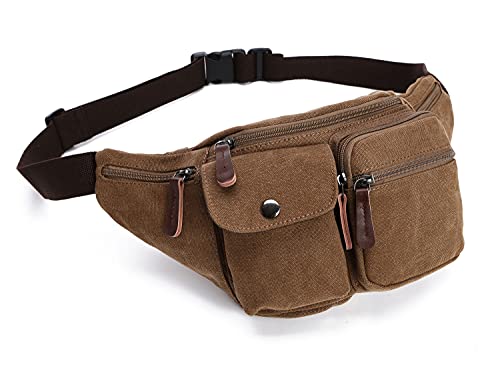 Telosports Fanny Pack Lightweight Linen Belt Bag for Men and Women, with Belt Bag Adjustable Belt, Multi-Pocket Storage, Hiking, Cycling (Brown)