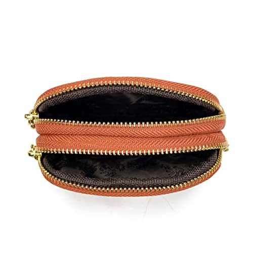 Genuine Leather Zip Mini Coin Purse w/Key Ring, Small 2 Zippered Change Pouch Wallet Women's Card Holder TASSINI (Brown)