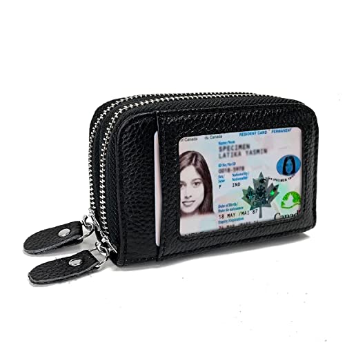 TELOSPORTS RFID Credit Card Holder, Small Leather Zipper Card Case Wallet for Women and ID Window Coin Pouch Security Travel Wallet