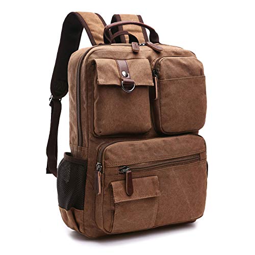 TELOSPORTS Canvas Laptop Backpacks Vintage Business Travel Rucksack Fits Bookbags for Men Women coffee