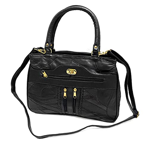 TASSINI Women's Patch Leather Handbag (Black)