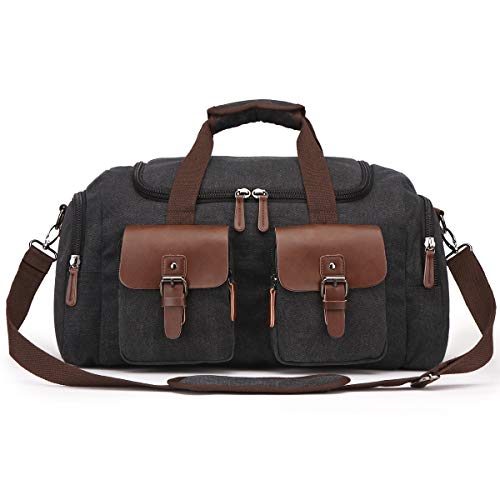 TELOSPORTS Canvas Duffel Bag, Vintage Canvas Weekender Bag Travel Bag Sports Duffel with Shoulder Strap (Black)