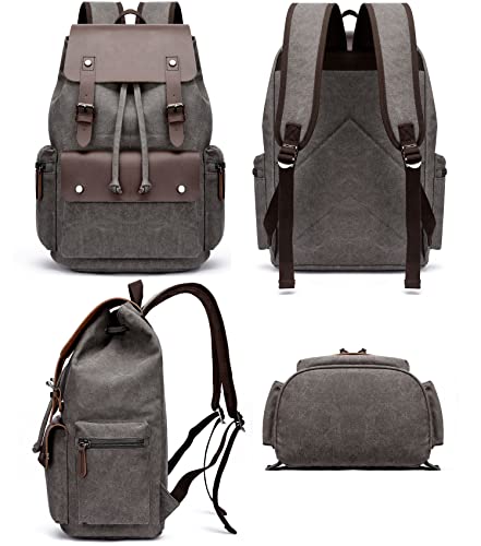 Leather Backpack for Men & Women, Denim Canvas Laptop Rucksack Casual Bookbag Hiking Bag Travel Daypack