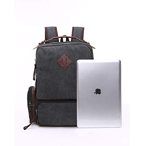 TELOSPORTS Vintage Backpack for Men Black Canvas Laptop School Backpack College Bookbag Multipurpose Travel Vegan Rucksack Daypack Computer Bag Fits