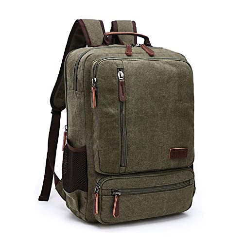 TELOSPORTS Canvas Laptop Backpack Backpack Water-Repellent Travel Business Bag Men Women Green