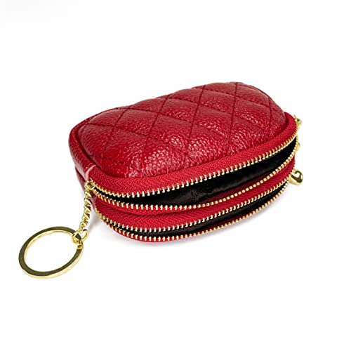 Genuine Leather Zip Mini Coin Purse w/Key Ring, Small 2 Zippered Change Pouch Wallet Women's Card Holder TASSINI (Red)