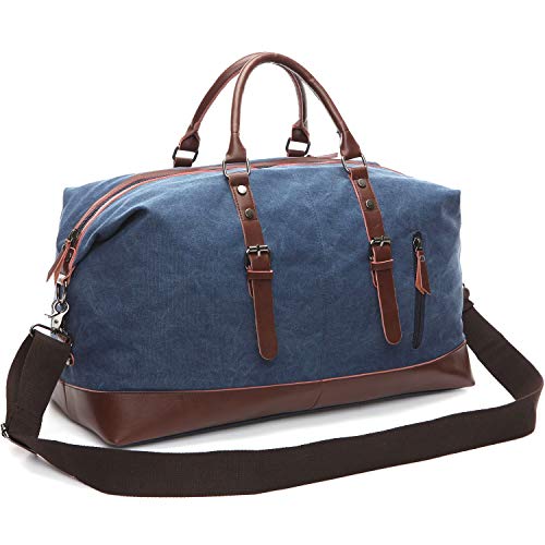 TELOSPORTS Oversized Canvas Weekender Bag Travel Tote Duffel Shoulder Weekend Bag Overnight Carry on Handbag Genuine Leather Handle and Bottom (Blue)