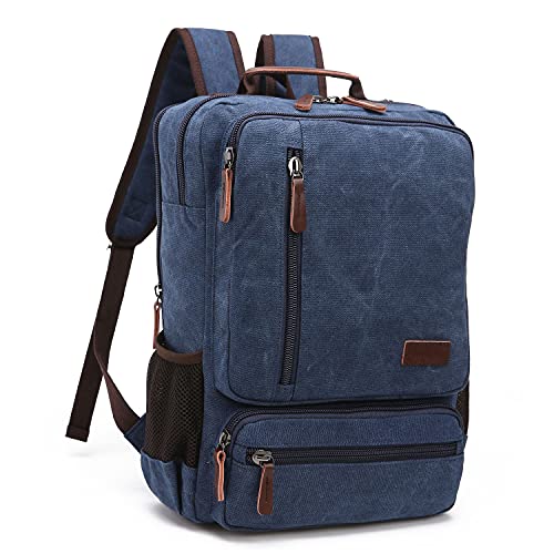 TELOSPORTS Canvas Laptop Backpack Backpack Water-Repellent Travel Business Bag Men Women(Blue)