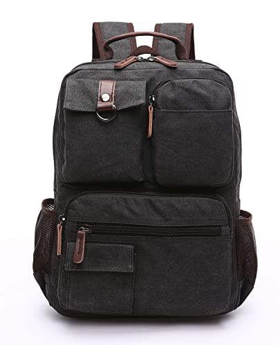 TELOSPORTS Canvas Laptop Backpacks Vintage Business Travel Rucksack Fits Bookbags for Men Women Black