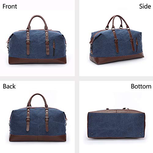 TELOSPORTS Oversized Canvas Weekender Bag Travel Tote Duffel Shoulder Weekend Bag Overnight Carry on Handbag Genuine Leather Handle and Bottom (Blue)