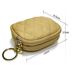 Women's Genuine Leather Coin Purse Mini Small 2 Zippered Pouch Change Wallet with Keychain（Yellow）