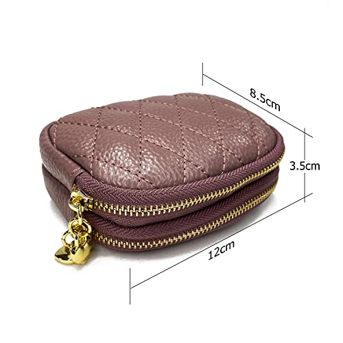 Genuine Leather Zip Mini Coin Purse w/Key Ring, Small 2 Zippered Change Pouch Wallet Women's Card Holder TASSINI (Purple)