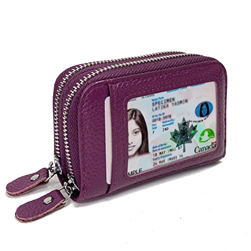 TELOSPORTS RFID Credit Card Holder, Small Leather Zipper Card Case Wallet for Women and ID Window Coin Pouch Security Travel Wallet