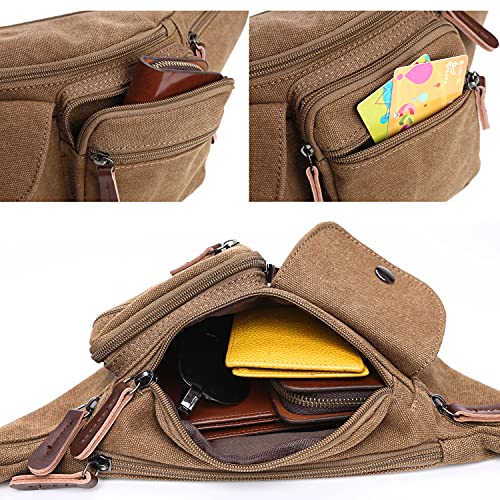 Telosports Fanny Pack Lightweight Linen Belt Bag for Men and Women, with Belt Bag Adjustable Belt, Multi-Pocket Storage, Hiking, Cycling (Brown)