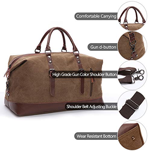 TELOSPORTS Oversized Canvas Weekender Bag Travel Tote Duffel Shoulder Weekend Bag Overnight Carry on Handbag Genuine Leather Handle and Bottom(Coffee)