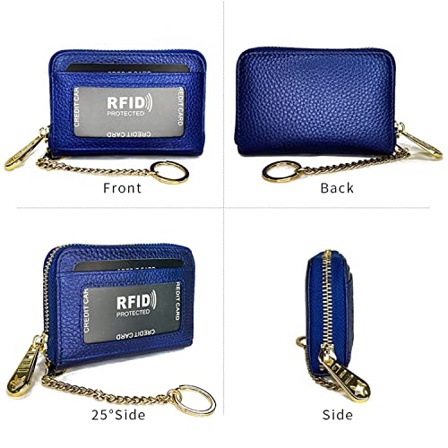 Credit Card Holder Real Leather Wallet, Zipper ID Window Card Cases Holder for Men Women Ladies, RFID Blocking, Keychain