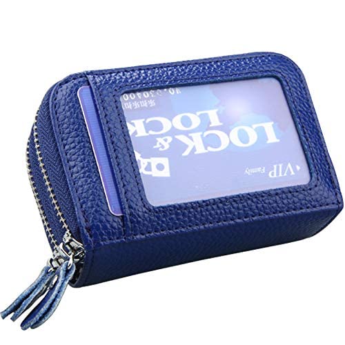 TELOSPORTS RFID Credit Card Holder, Small Leather Zipper Card Case Wallet for Women and ID Window Coin Pouch Security Travel Wallet