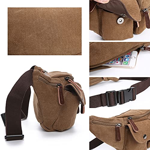 Telosports Fanny Pack Lightweight Linen Belt Bag for Men and Women, with Belt Bag Adjustable Belt, Multi-Pocket Storage, Hiking, Cycling (Brown)