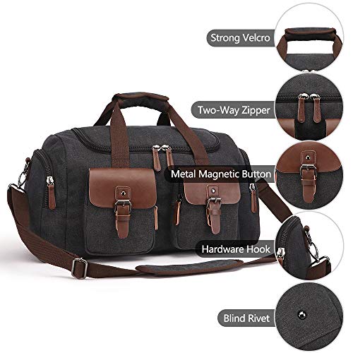 TELOSPORTS Canvas Duffel Bag, Vintage Canvas Weekender Bag Travel Bag Sports Duffel with Shoulder Strap (Black)