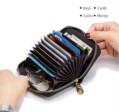 Credit Card Holder Real Leather Wallet, Zipper ID Window Card Cases Holder for Men Women Ladies, RFID Blocking, Keychain