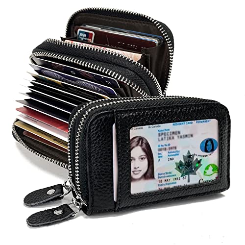 TELOSPORTS RFID Credit Card Holder, Small Leather Zipper Card Case Wallet for Women and ID Window Coin Pouch Security Travel Wallet