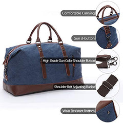 TELOSPORTS Oversized Canvas Weekender Bag Travel Tote Duffel Shoulder Weekend Bag Overnight Carry on Handbag Genuine Leather Handle and Bottom (Blue)